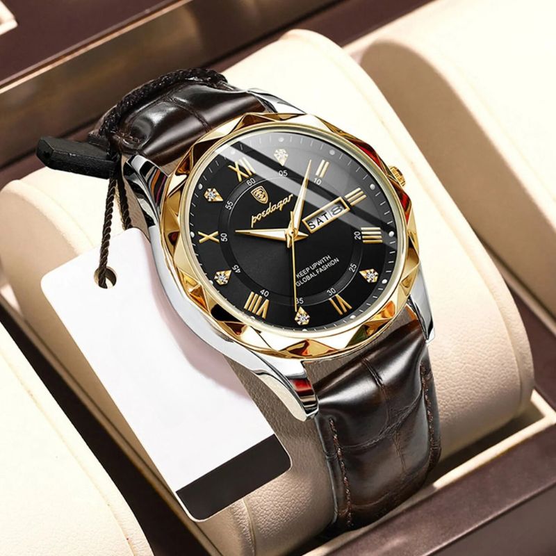 Montre à quartz de luxe avec bracelet cuir