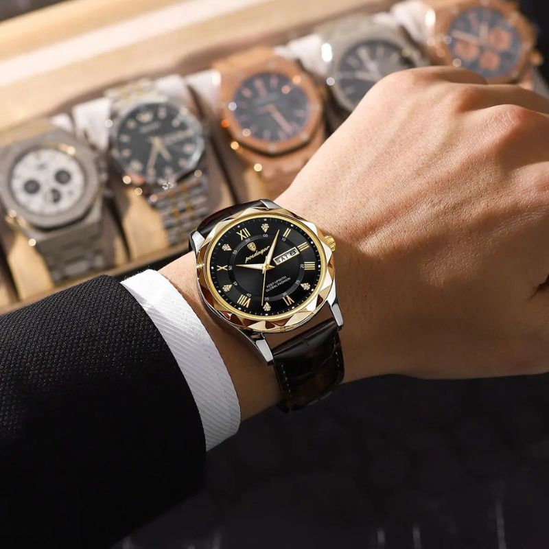 Montre à quartz de luxe avec bracelet cuir